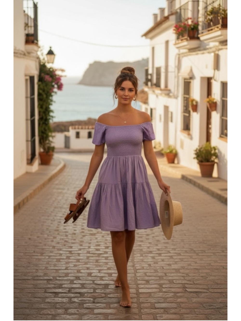 Antica Sartoria Purple Cotton Off Shoulder Smocked Dress NWT